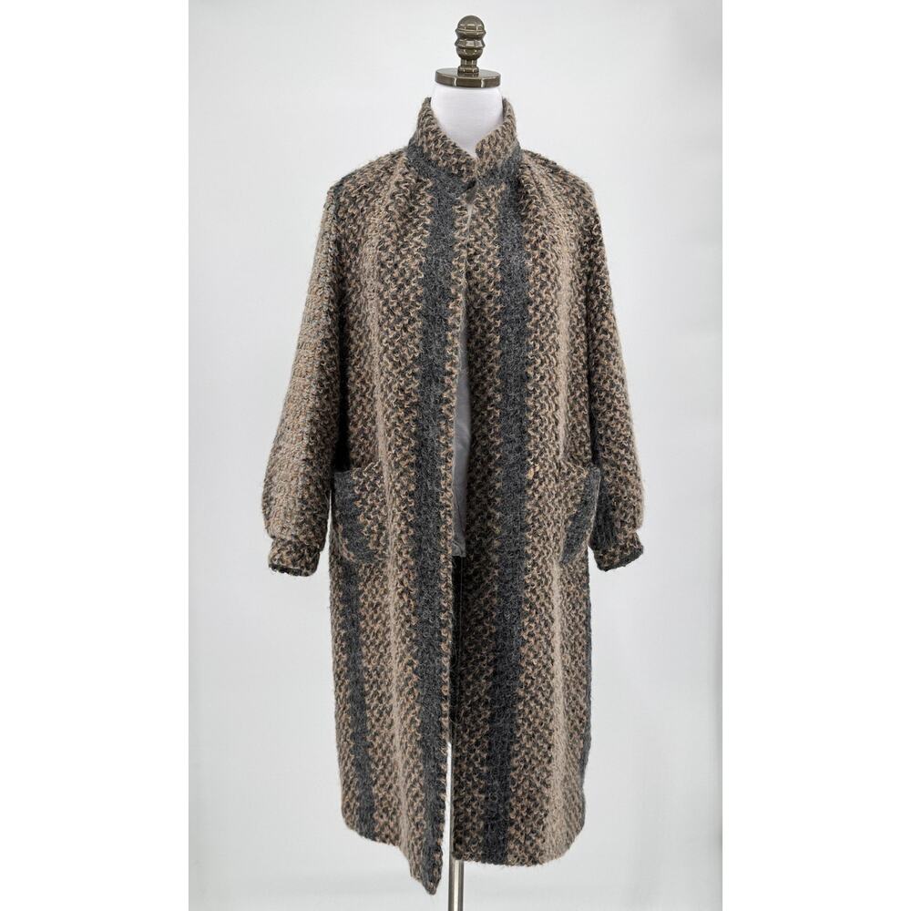 Vintage 70s M.J Seattle Womens Brown Striped Mohair Long Coat Sz S Made in USA